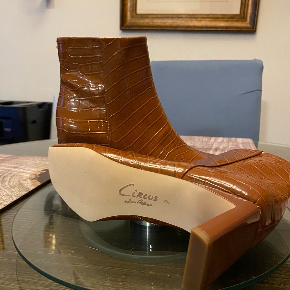 Sam Edelman Brown Croc-Embossed Ankle Boots - Picture 3 of 5